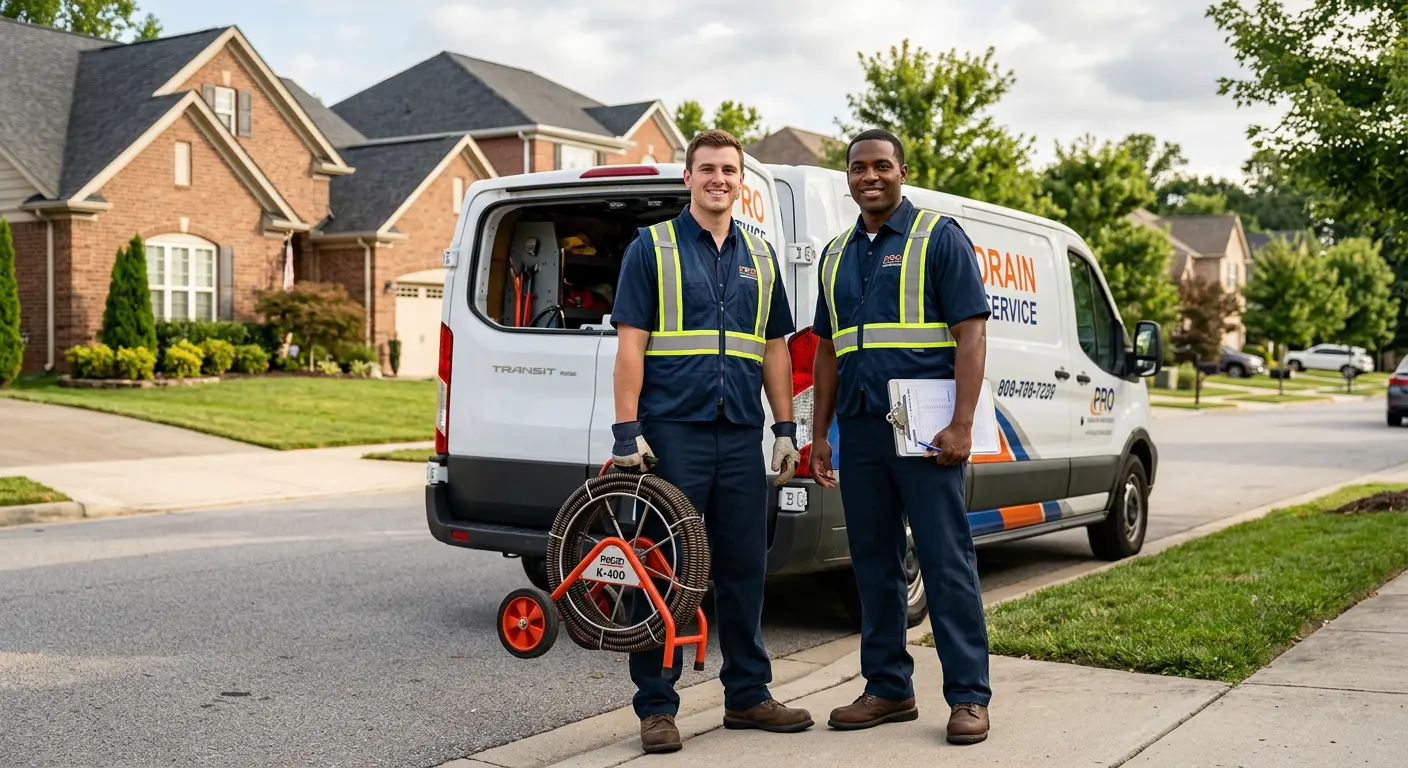 Sewer and drain service team with equipment ready for work in Parkville