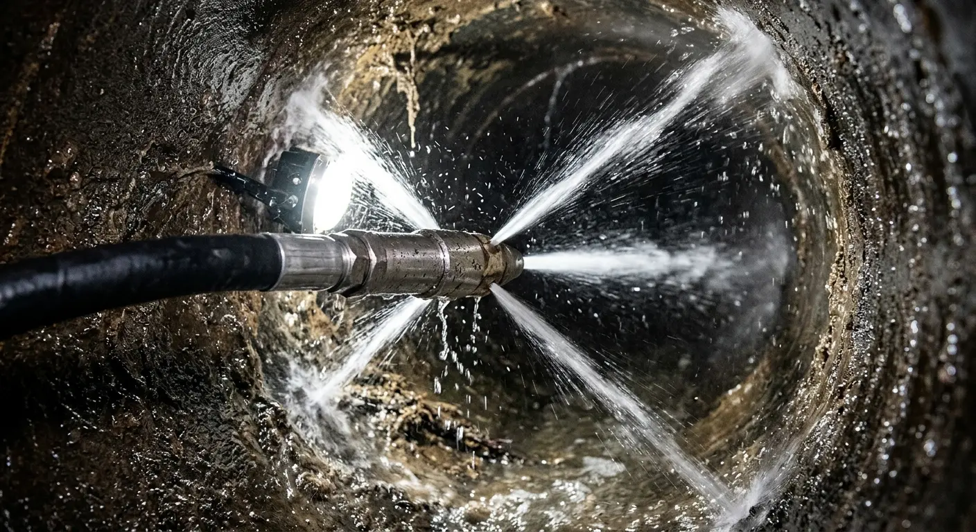 High-pressure hydro jetting nozzle cleaning sewer pipe for Storm Drain Cleaning in Parkville
