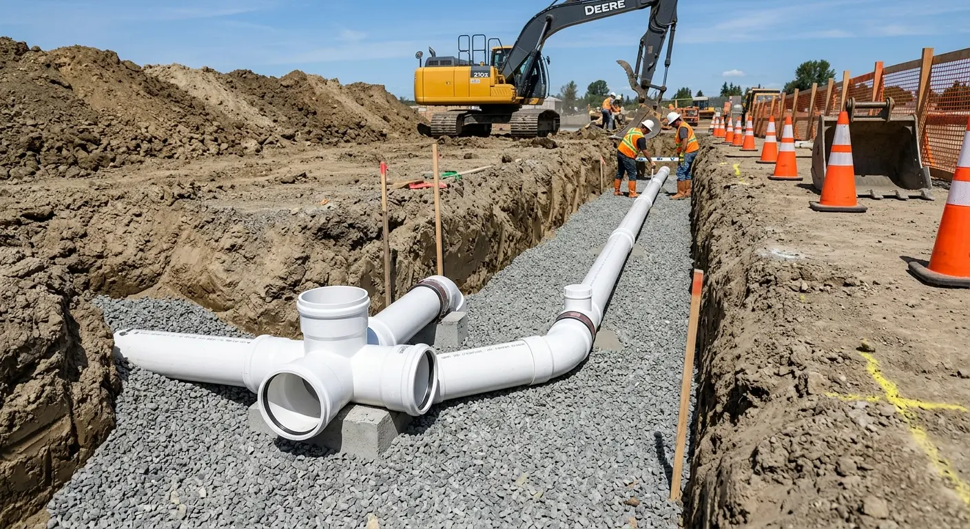 New PVC sewer pipe installation in open trench for Sewer Backup in Parkville