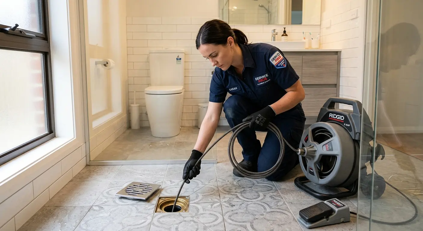 Technician clearing a bathroom floor drain for Drain Cleaning in Parkville